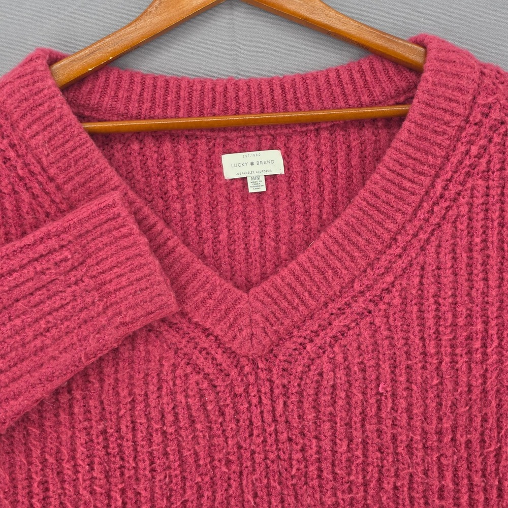 Lucky Brand Womens Magenta Pink Ribbed V-Neck Chunky Knit Sweater Size Medium